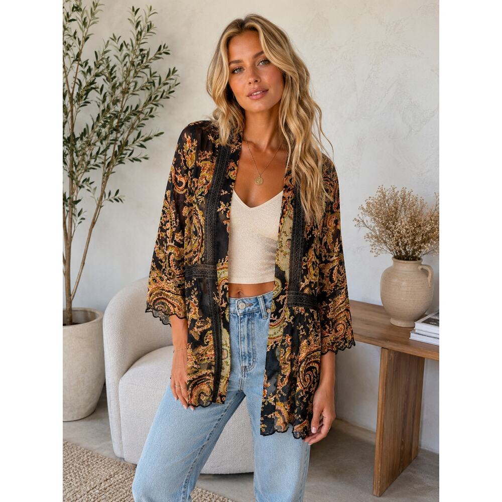 Soft Surroundings Paisley Sheer Open Front Kimono Cardigan Boho Black Size Small